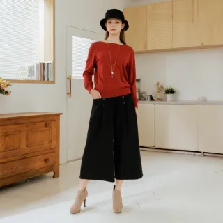 【CUMAR】人字紋仿毛料雙排釦鬆緊腰八分寬褲(黑 灰)