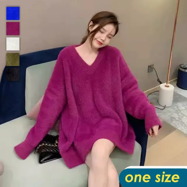 【CHACO】/現貨/女冬日 慵懶風V領仿水貂絨寬鬆質感針織毛衣#599404(仿貂絨 針織 毛衣 冬日)