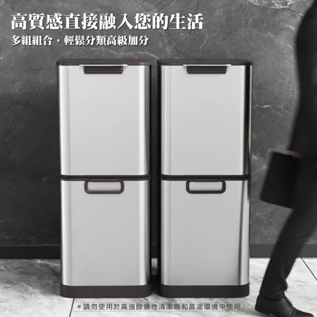 【ONE HOUSE】40L 格拉斯高質感靜音緩降不鏽鋼垃圾桶 _雙層 (踩踏垃圾桶/緩降垃圾桶)