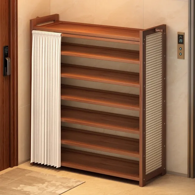 【Quality 聚家】玄關收納鞋架帶簾子透氣層架 六層款 多層家用門口鞋櫃(鞋櫃/鞋架/收納架/靠墻架/防塵架)