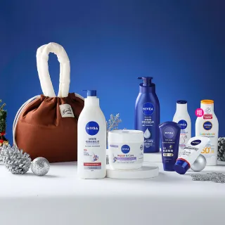 【NIVEA 妮維雅】冬季聖誕美妝袋-密集修護乳液+無香修護霜+護手霜+身體乳液