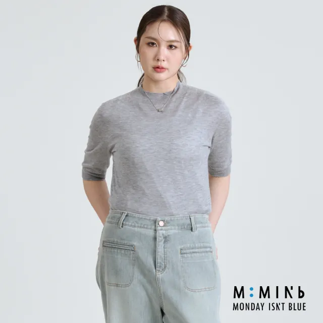 【M:MINb】微立領合身五分袖針織上衣(灰色/中大尺碼女裝/大尺碼女裝/XL女裝/上衣/大尺碼上衣)