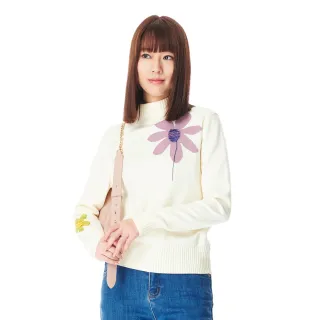 【KeyWear 奇威名品】半高領花型引塔夏織法長袖針織上衣