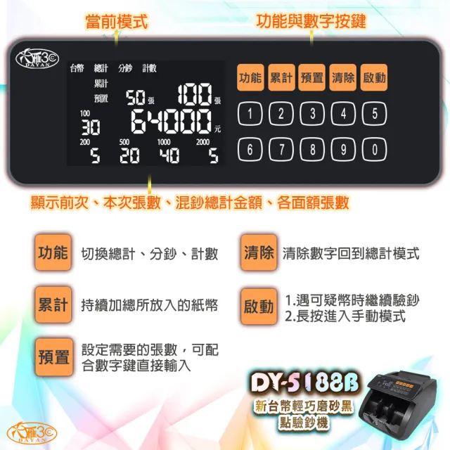 【DAYAN 大雁】DY-5188B 新台幣輕巧磨砂黑點驗鈔機(消光質感款/混鈔合計/面額顯示)