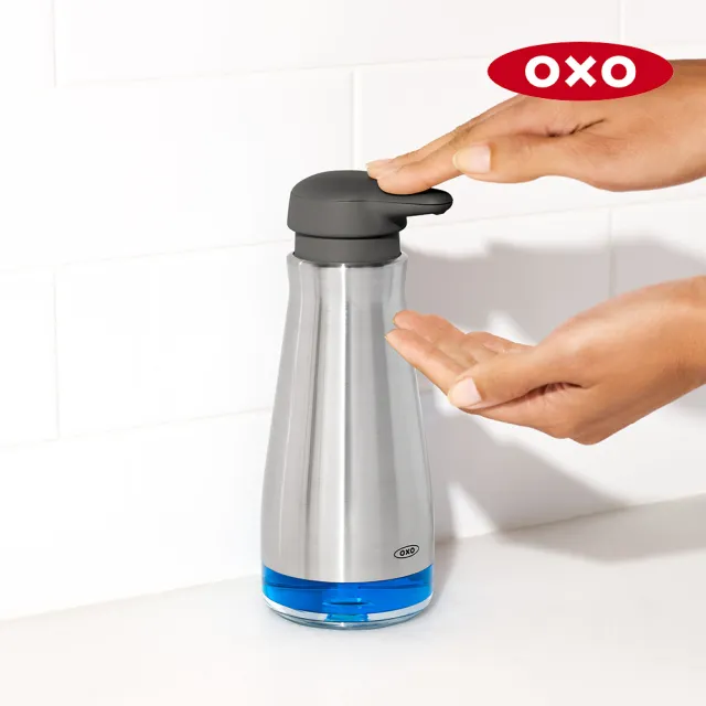 【美國OXO】水槽清潔收納雙件組｜不鏽鋼皂液罐＋吸盤海綿架