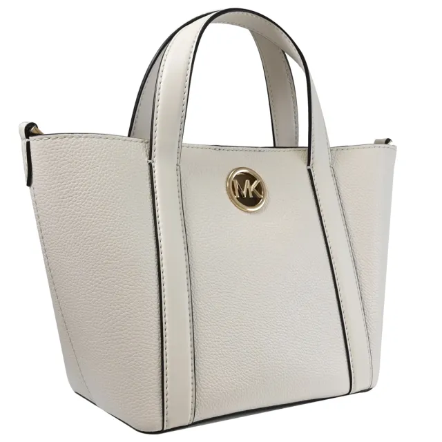 【Michael Kors】簡約圓標MK LOGO皮革寬背帶手提包兩用包(白)