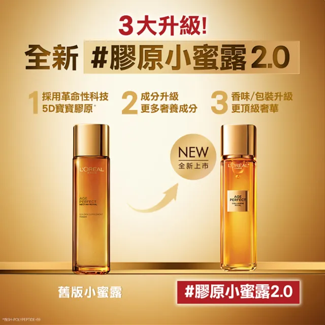 【LOREAL Paris 巴黎萊雅】全新升級2.0金致臻顏花蜜奢養膠原精華露_2入組130mlx2(膠原小蜜露)
