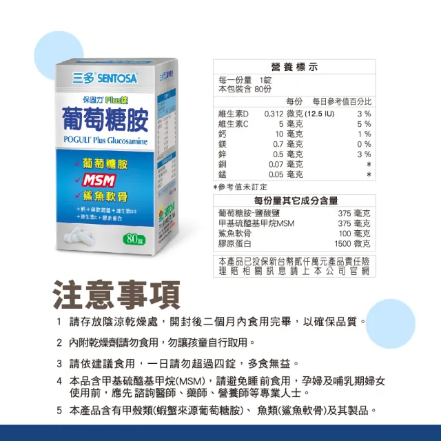 【SENTOSA 三多】保固力Plus錠80錠x3入組(葡萄糖胺、MSM、軟骨素)