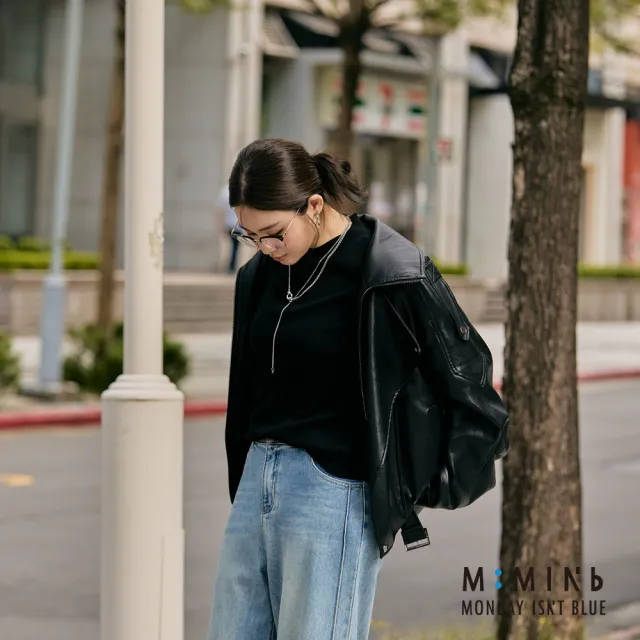 【M：MINb】率性雙層領Oversize柔軟皮衣外套(黑色/中大尺碼女裝/皮衣/皮衣外套/大尺碼女裝/外套)