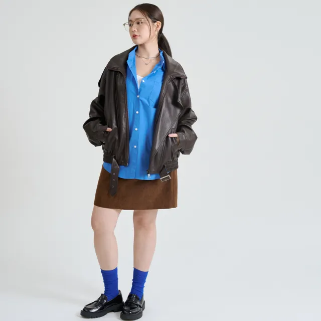 【M：MINb】率性雙層領Oversize柔軟皮衣外套(深咖/中大尺碼女裝/皮衣/皮衣外套/大尺碼女裝/外套)