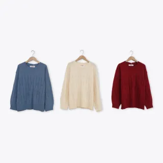 【CUMAR】休閒麻花落肩泡泡袖針織上衣(藍 紅 杏/魅力商品)