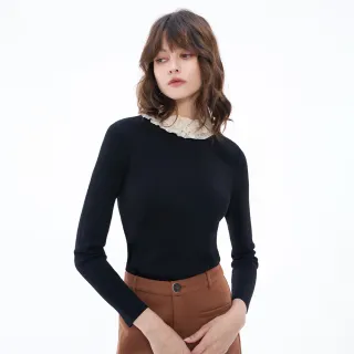 【MOMA】典雅烏干紗荷葉珍珠領針織上衣(黑色)