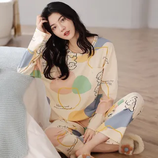 【Annita】交換禮物bra帶胸墊長袖睡衣套裝寬鬆居家休閒服(帶胸墊睡衣 晚安睡衣女睡衣長袖睡衣1212交換禮物)