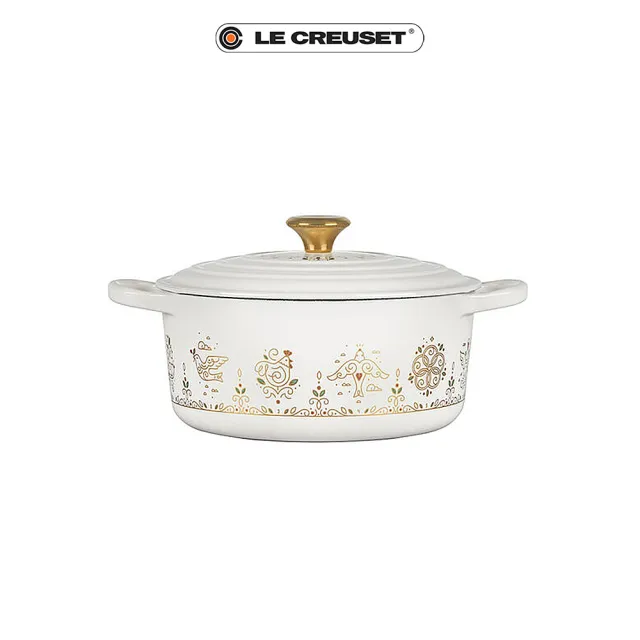 Le Creuset】琺瑯鑄鐵鍋圓鍋22cm(耶誕慶典/雪花白-金頭-內鍋白) - momo