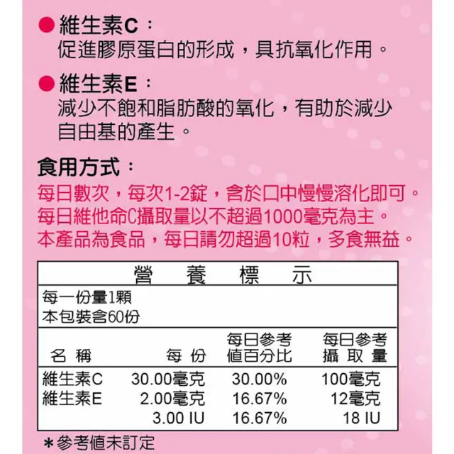 【得意人生】青春美妍 維他命C+E口含錠 二入組(共120錠 沈永慶藥師推薦 維他命c 玫瑰果 維他命e)