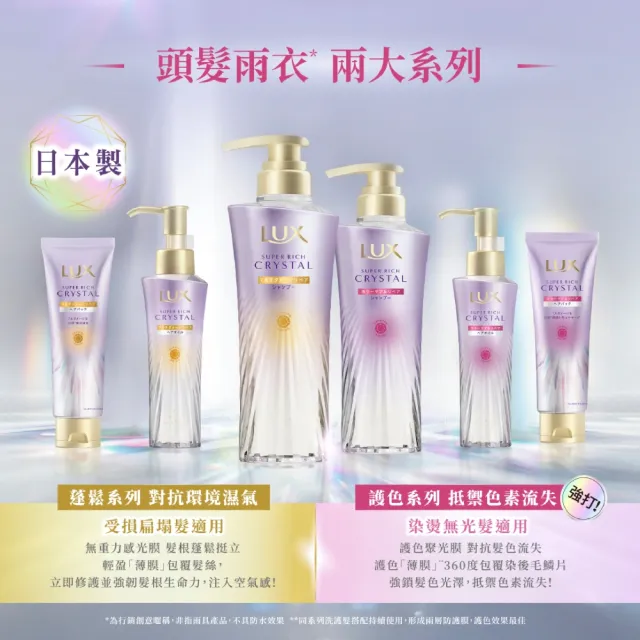 【LUX 麗仕】日本製 極輕光護膜抗濕3步驟全套組(頭髮雨衣 洗髮精450ml+髮膜180ml+髮油90ml)