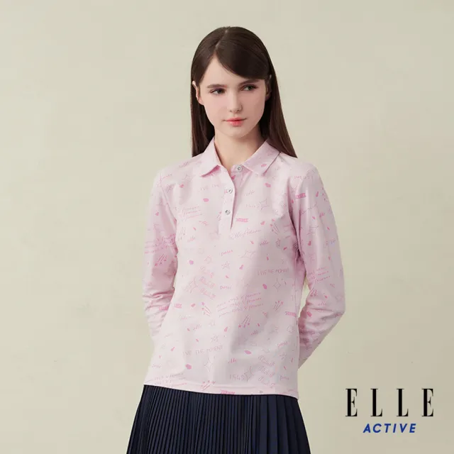 【ELLE ACTIVE】女款 法式滿版印花長袖polo衫-粉紅色(EA25A2W1402-72)