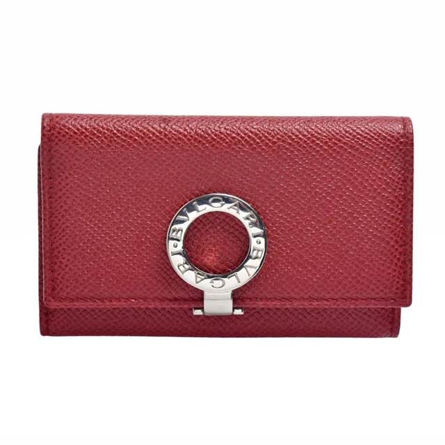 【BVLGARI 寶格麗】銀色圓環釦粒面小牛皮鑰匙包(6孔-紅色33742-RED)
