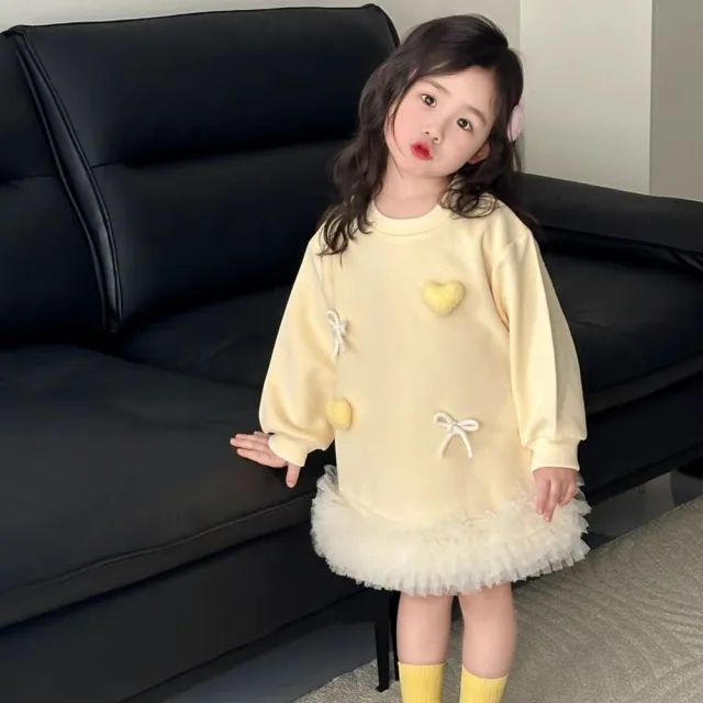【橘魔法】鵝黃愛心蝴蝶結蛋糕紗裙洋裝(長版上衣 連身衣 連身裙 女童 童裝 兒童)