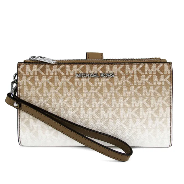 【Michael Kors】漸層LOGO雙拉鍊手提長夾(駝色)