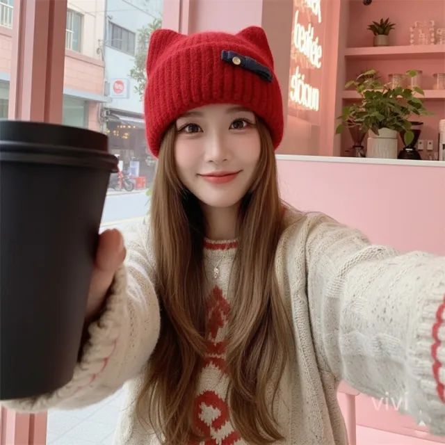 【HaNA 梨花】買一送一贈圍脖 MEOW~可愛貓耳牛仔蝴蝶結毛線帽(毛帽 秋冬百搭 貓耳)