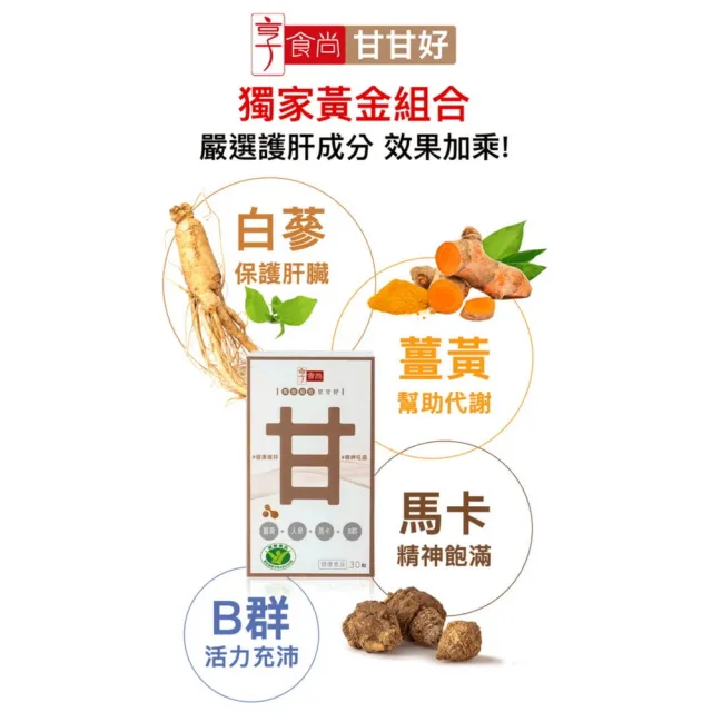 【享食尚】黃金組合甘甘好30粒x2盒 星座國師推薦 健字號護肝認證(黃鐙輝/白蔘護肝/薑黃/馬卡/B群)