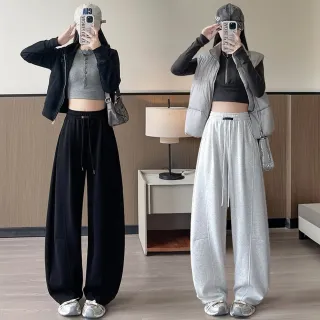 【D.studio】韓版高腰顯瘦寬鬆運動褲(寬褲 子長褲休閒褲女裝高腰褲 冬天女裝彎刀褲黑褲保暖褲P411)