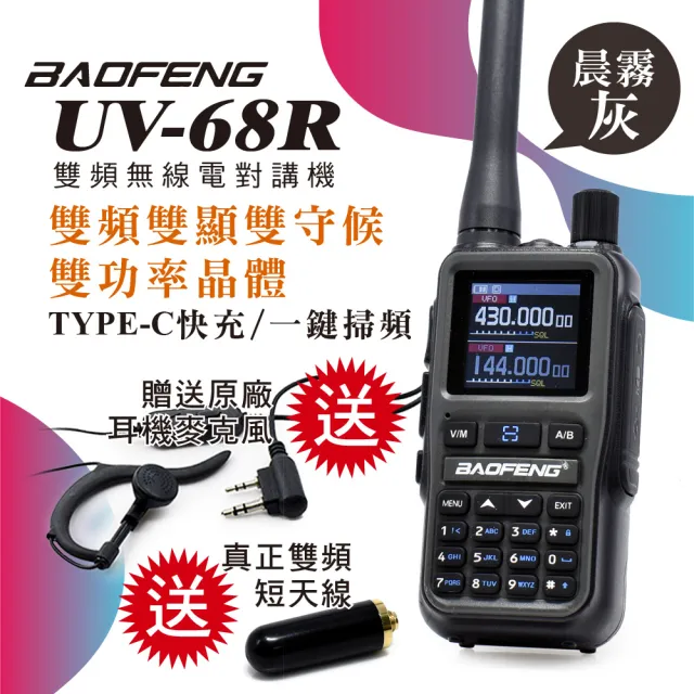 【寶峰】超迷你雙頻對講機5W送真雙頻短天線送耳機(UV-68R晨霧灰)