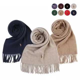 【RALPH LAUREN】POLO刺繡彩色小馬素面羊毛流蘇圍巾(多色任選)