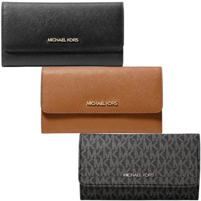 【Michael Kors】JET SET TRAVEL 多卡三折防刮中長夾-多色可選(mk  黑色 黑灰 咖啡 女夾 女長夾 女皮夾)