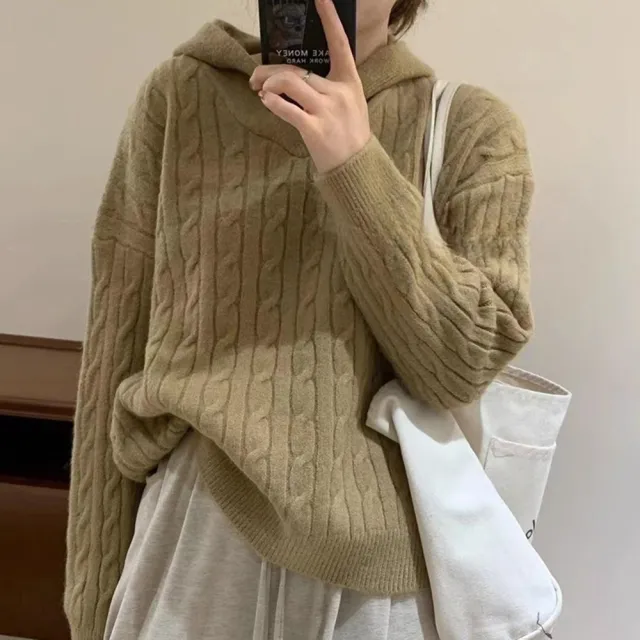 【D.studio】韓系慵懶風連帽麻花毛(針織上衣長袖t恤長袖上衣衣服 保暖上衣冬天女裝秋冬女裝發熱衣W678)