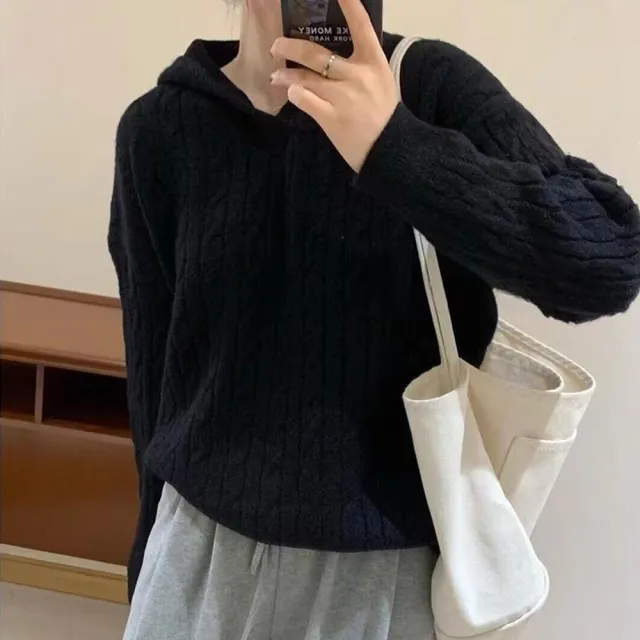【D.studio】韓系慵懶風連帽麻花毛(針織上衣長袖t恤長袖上衣衣服 保暖上衣冬天女裝秋冬女裝發熱衣W678)