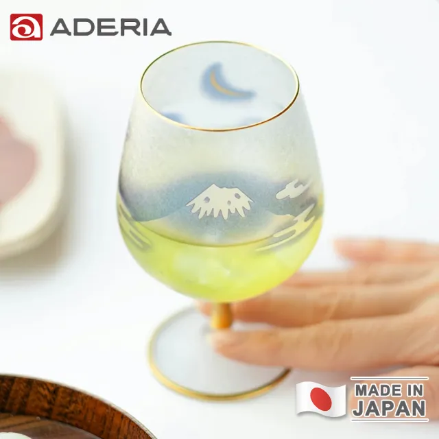 【ADERIA】日本製 富士月兔圖金邊高腳玻璃杯/酒杯(210ml)