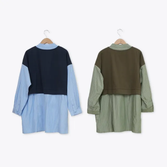 【MOSS CLUB】假兩件棉T背心條紋襯衫上衣(藍 綠)