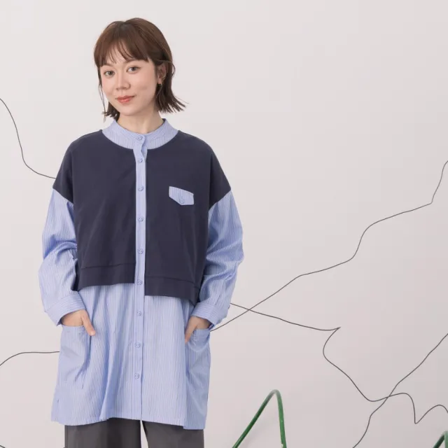 【MOSS CLUB】假兩件棉T背心條紋襯衫上衣(藍 綠)