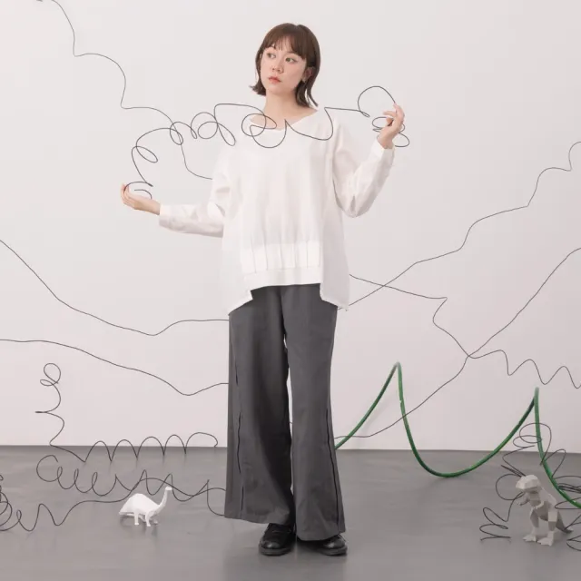【MOSS CLUB】修身交錯剪接線西裝長褲(卡 咖 灰)
