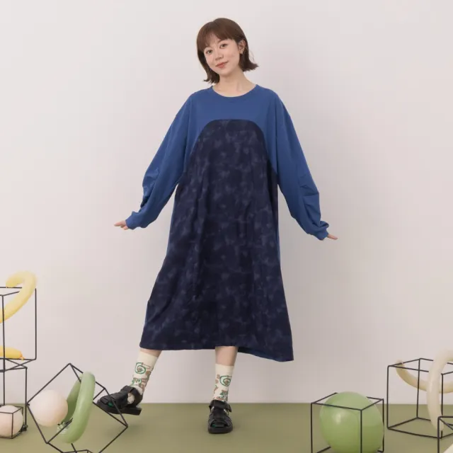 【MOSS CLUB】異材質暈染色塊拼接長版T恤洋裝(藍 黑 杏)