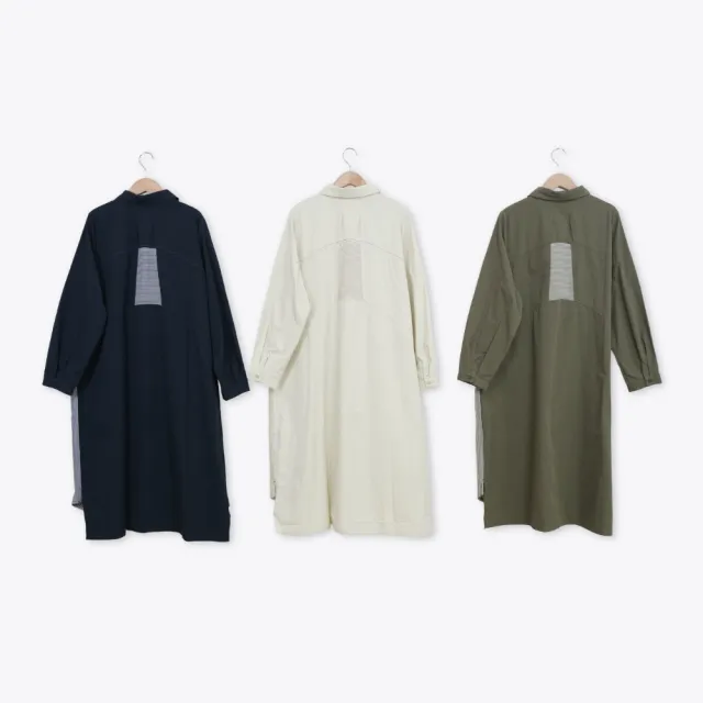 【MOSS CLUB】條紋面料拼接重組假背心長袖襯衫長版洋裝(藍 綠 杏)