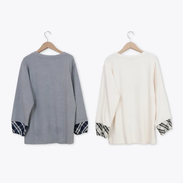 【MASTINA】袖口拚格絨面長袖T(米 灰/魅力商品)
