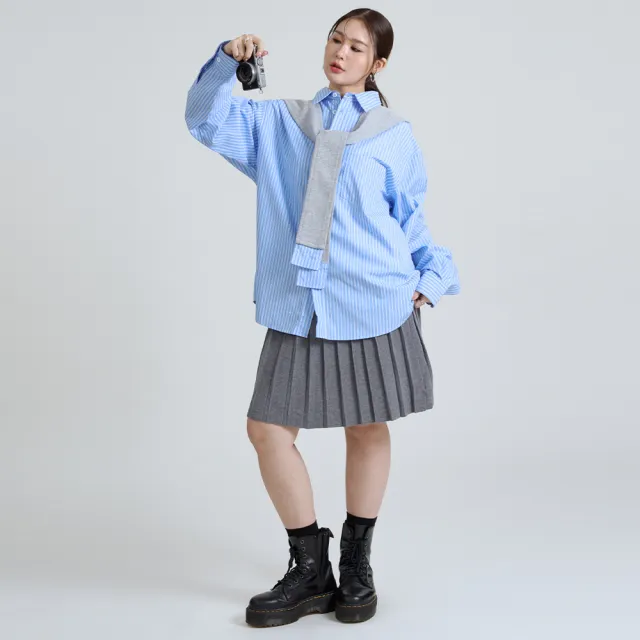 【M：MINb】寬腰頭針織百褶短裙(灰色/中大尺碼女裝/XL女裝/大尺碼裙子/針織裙/百褶裙)