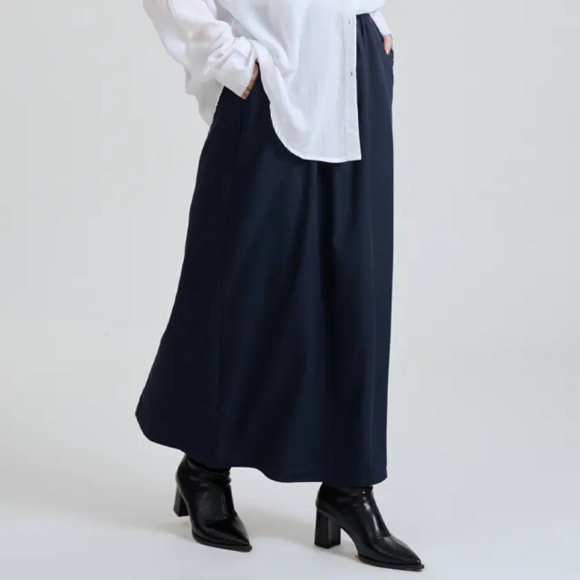 【M：MINb】不顯臀型微正式西裝面料全腰鬆緊長裙(深藍/中大尺碼女裝/XL女裝/大尺碼外套/上班穿搭)