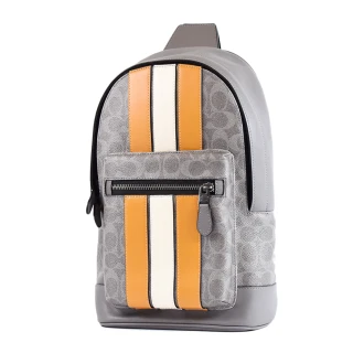 【COACH】男款 直紋緹花LOGO防刮皮革單肩背胸包-炭灰