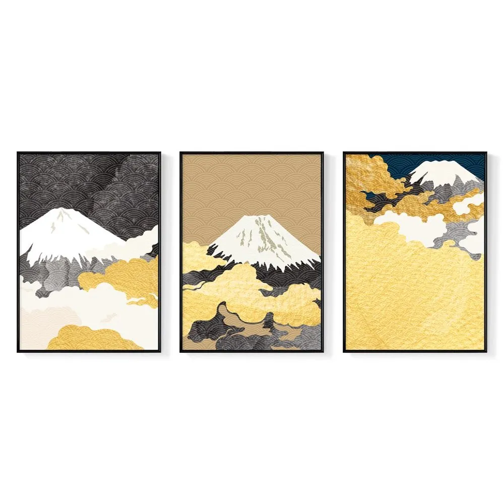 菠蘿選畫所】日出山景三幅聯畫組合-50x70cm(輕奢流金山峰掛畫/黃金日出