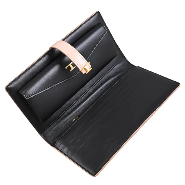 【TOD’S】TODS T Timeless 金屬LOGO小牛皮扣式零錢長夾(粉/黑)