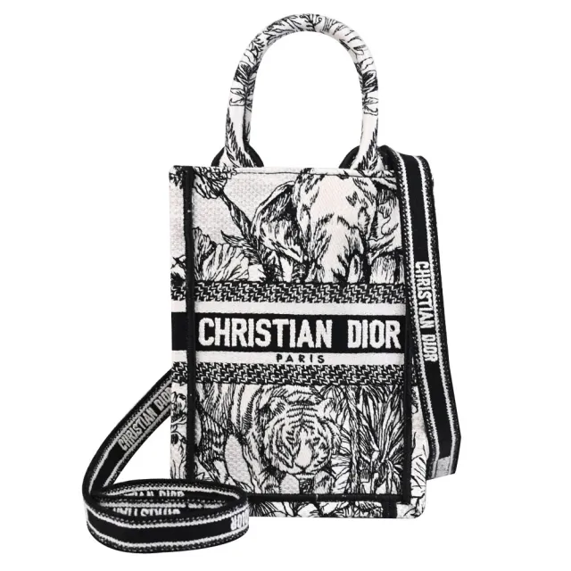 【Dior 迪奧】Book Tote 經典LOGO滿版刺繡帆布迷你手提包托特包兩用包(黑白)