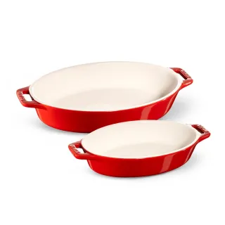 【法國Staub】櫻桃紅橢圓形陶瓷烤盤大+小2件組(德國雙人牌集團官方直營)