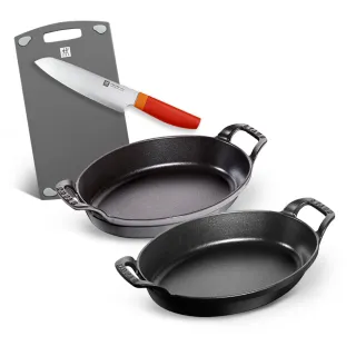 【法國Staub】琺瑯鑄鐵雙耳橢圓烤盤24cm+抗菌砧板M號+Now S日式主廚三德刀18cm(德國雙人牌集團官方直營)