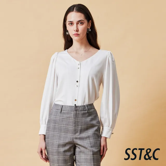 【SST&C】女裝 白色V領抽皺袖長袖上著-825212061011(指定單品快閃價)