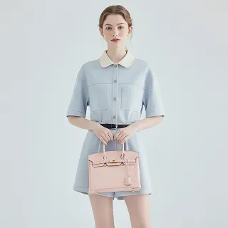 【A&L 老工匠】真皮TOGO頭層牛皮鱷魚紋名緩柏金包/斜背包25cm(真皮包包 奶昔粉)