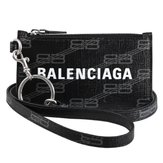 【Balenciaga 巴黎世家】品牌滿版雙B斜背頸掛牛皮信用卡證件零錢包(黑)